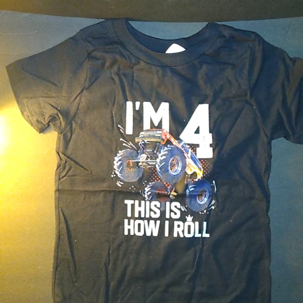Boys Black Tee Size 4T. "I'm 4 This how I Roll." With picture of Monster Truck.